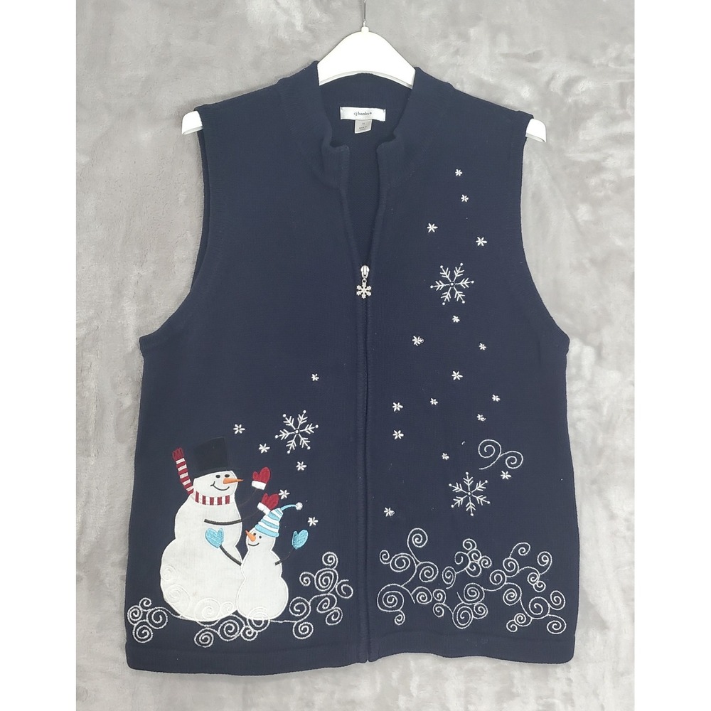 Christopher & Banks Holiday Sweater Vest Womens 1X Navy Blue Full Zip Snowman
